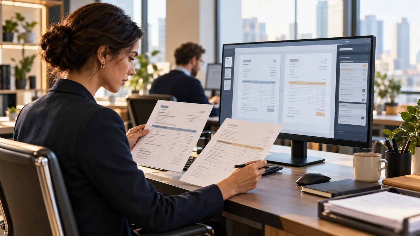Finance professional reviewing an invoice against a purchase order