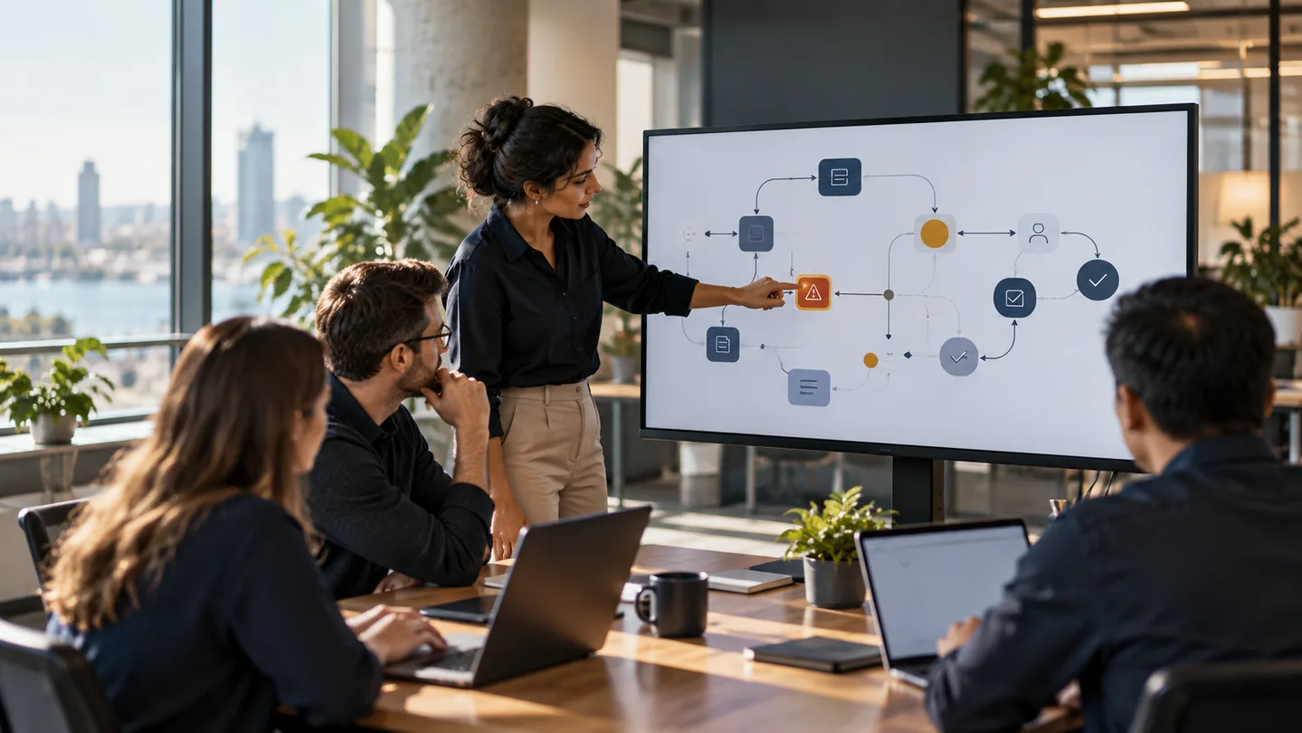 Operations team reviewing a connected workflow and its approval steps