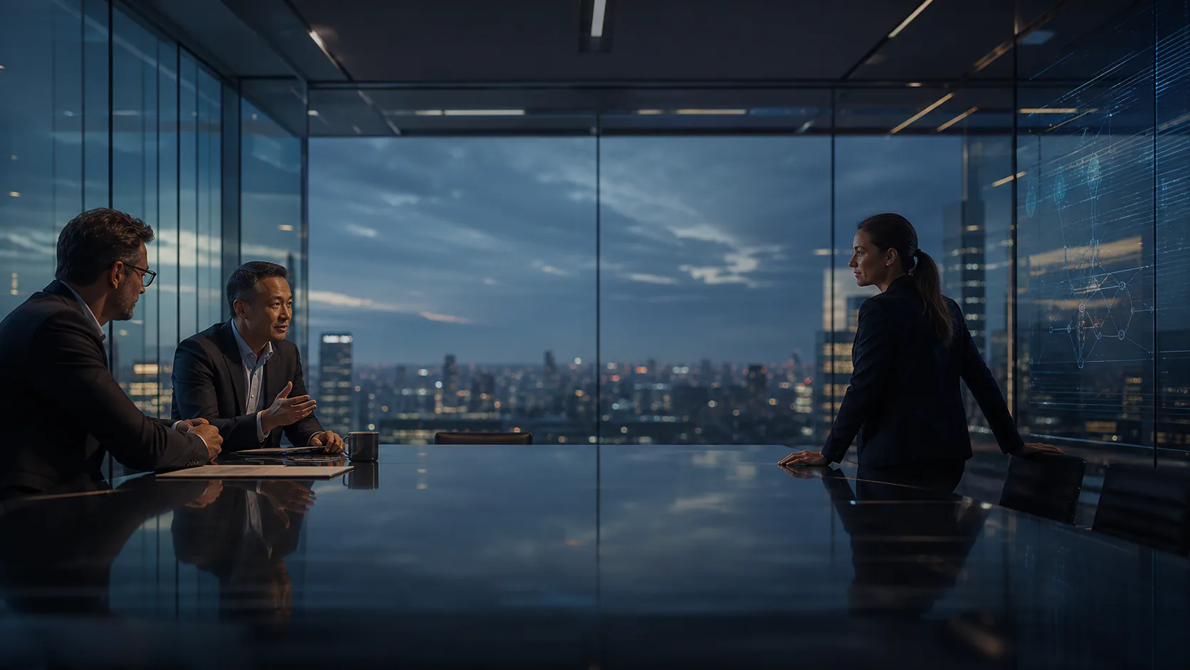 Business and technology leaders collaborating in a modern boardroom