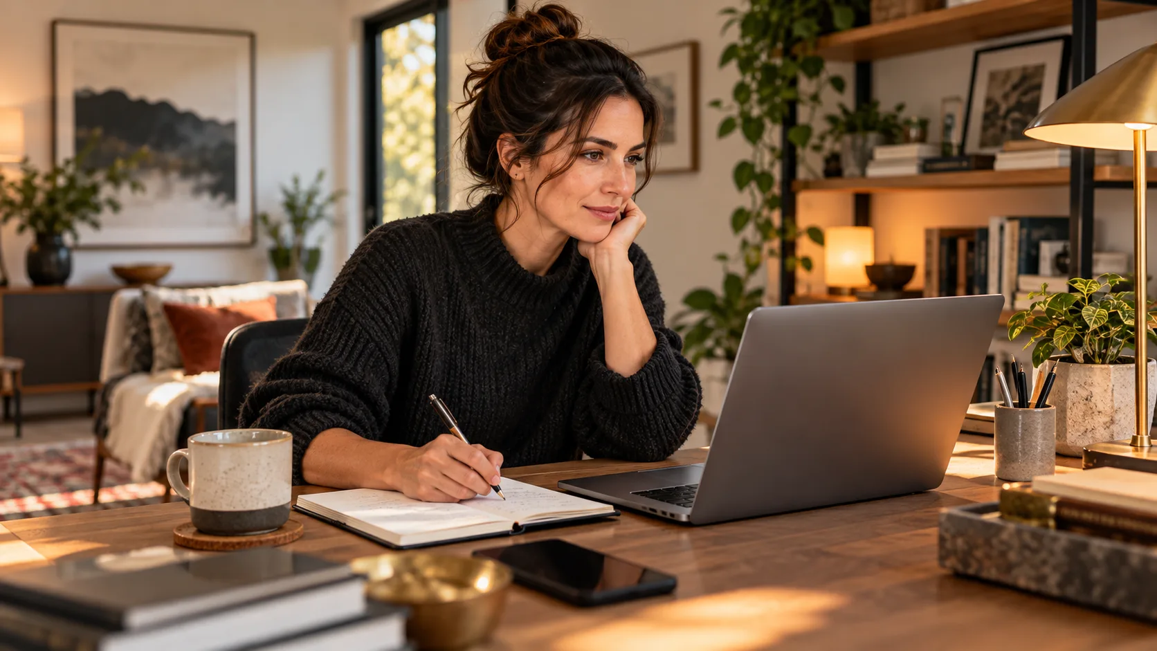 Independent professional reviewing a project opportunity and writing notes at a desk