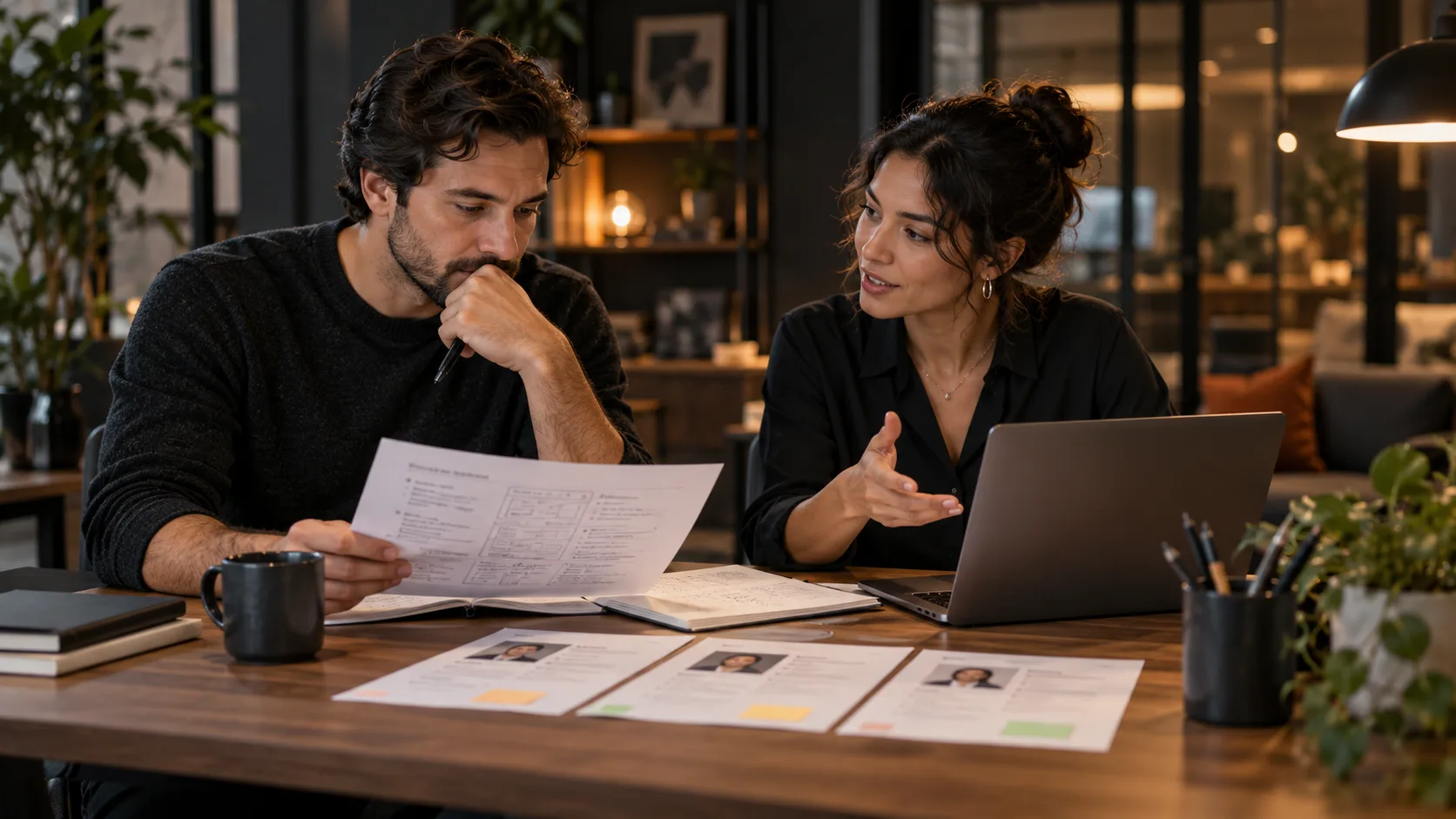 Two colleagues reviewing a project brief and candidate profiles together