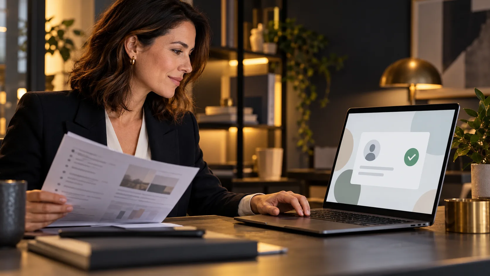 Business owner reviewing an action on a laptop before approving it