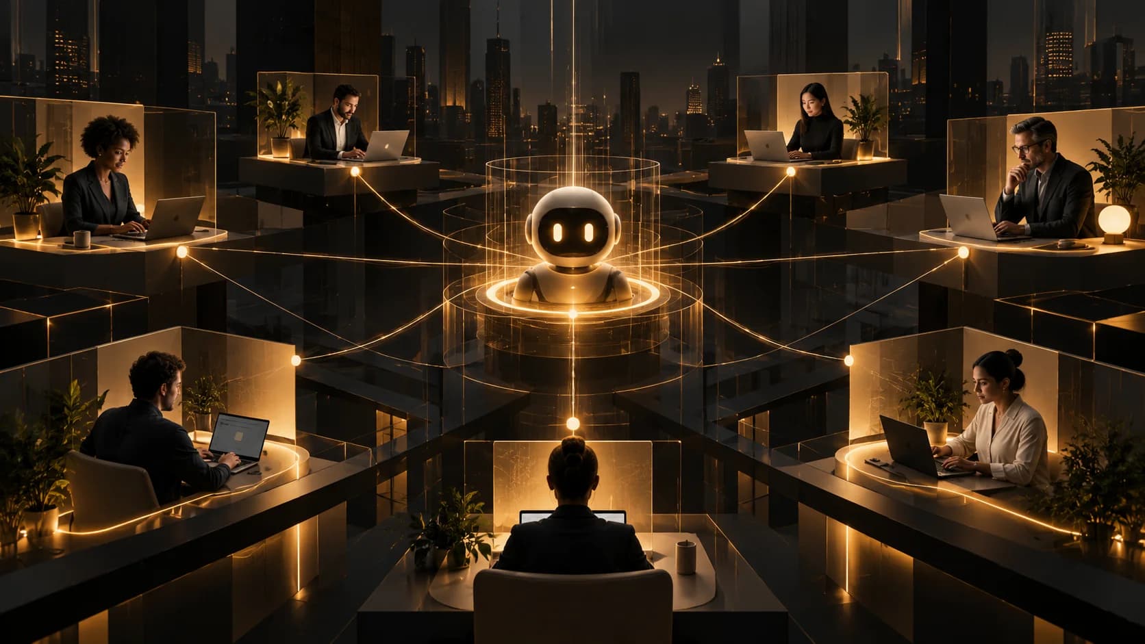 AI assistant connecting a network of independent professionals through a warm illuminated grid