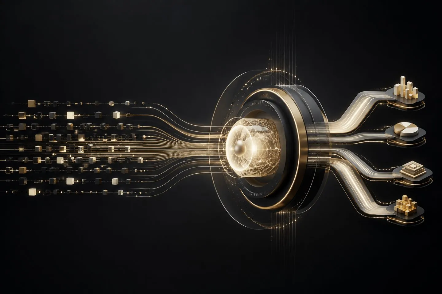 Data streams converging into an AI strategy core