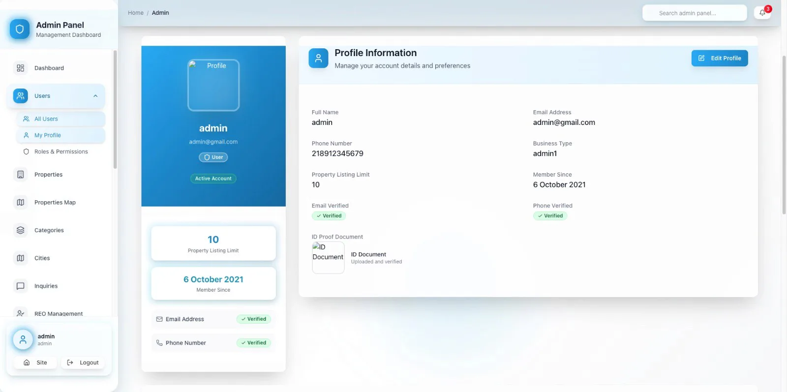 Beyut Libya admin panel showing a user profile with verification status and listing limits
