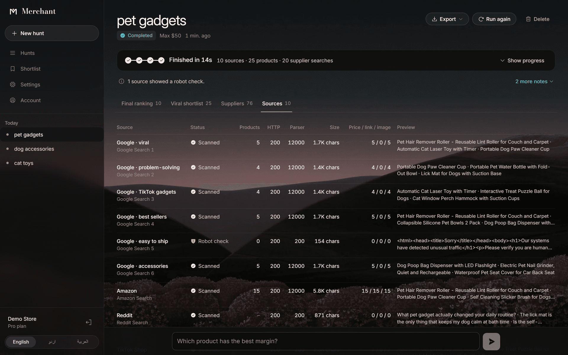 Merchant product hunt showing source diagnostics for a pet gadgets search