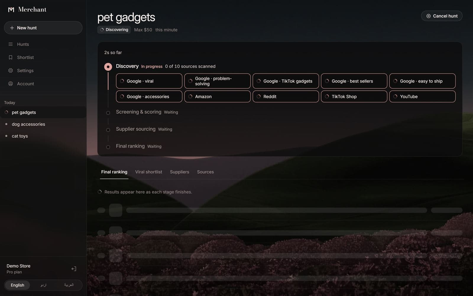 Merchant live hunt showing discovery and supplier matching progress