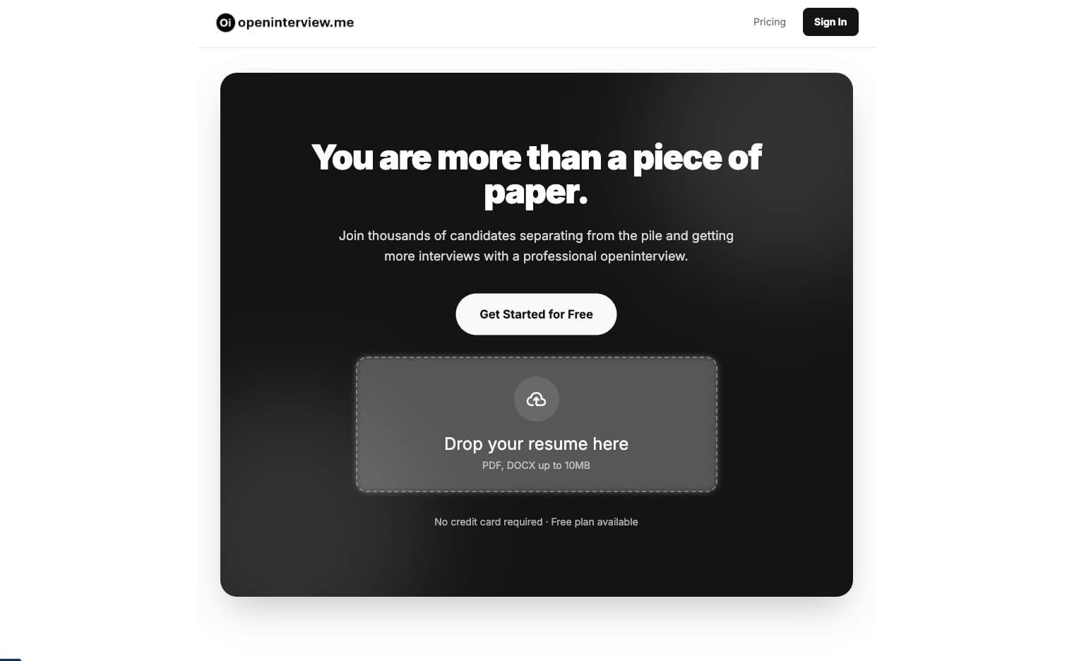 OpenInterview candidate landing page — upload a resume to generate a shareable video profile