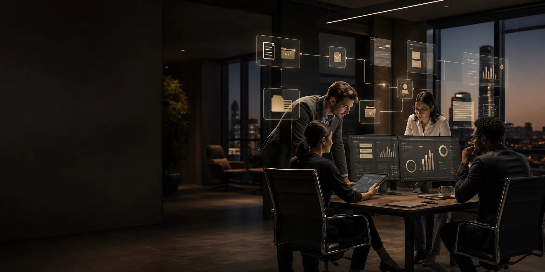 A business team collaborating around practical AI automation workflows