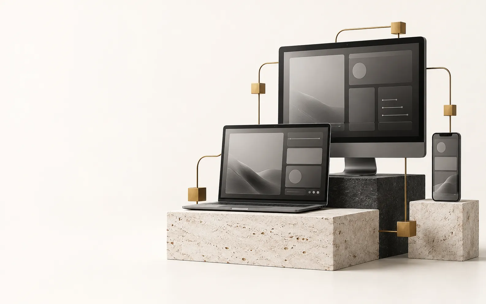Connected desktop, laptop, and mobile product interfaces arranged as one software system